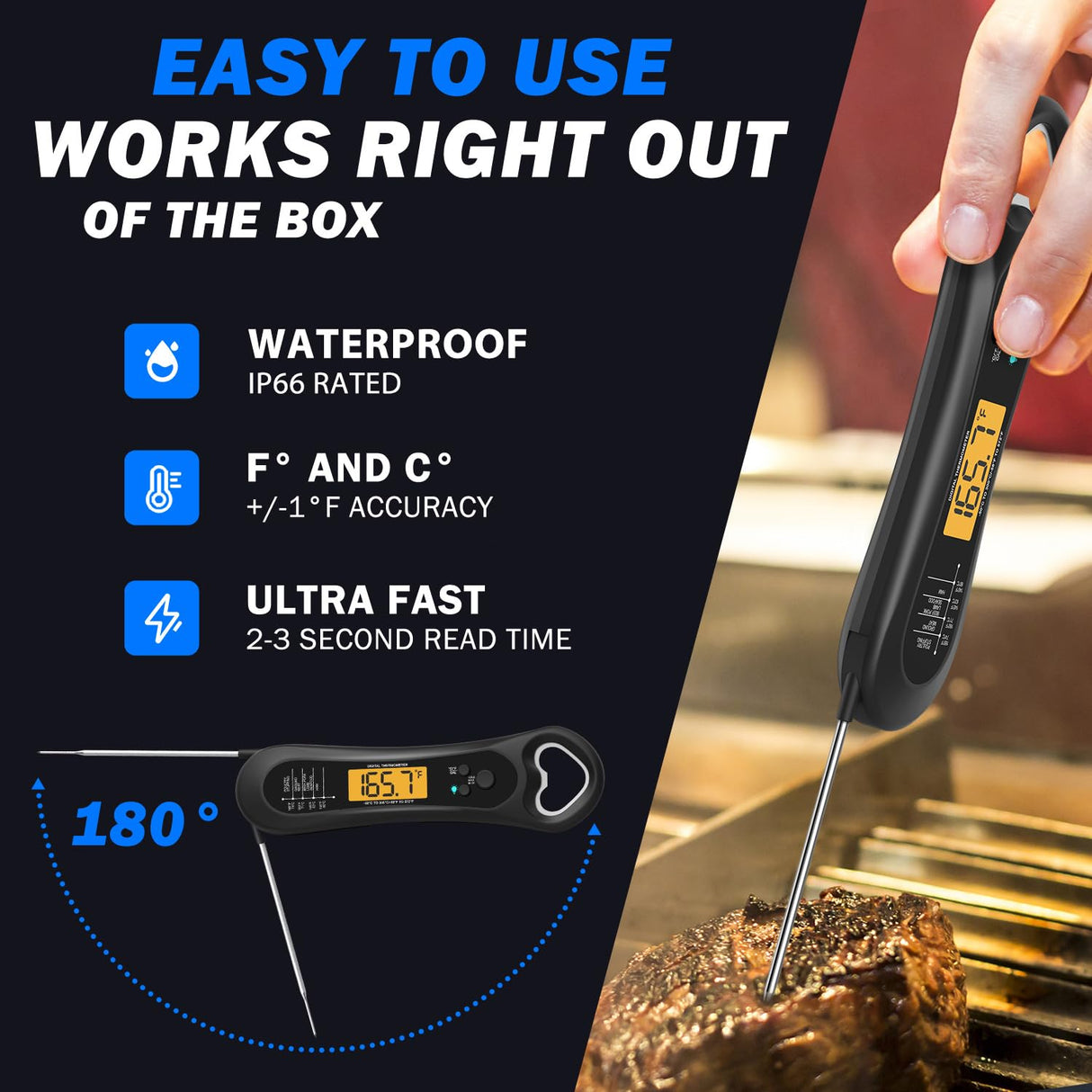 Meat Thermometer Digital, Instant Read Meat Thermometer for Grill and Cooking, with Bottle Opener, Backlight & Calibration Food Thermometer, Kitchen Gadgets for BBQ, Turkey, Candy, Liquids Biison