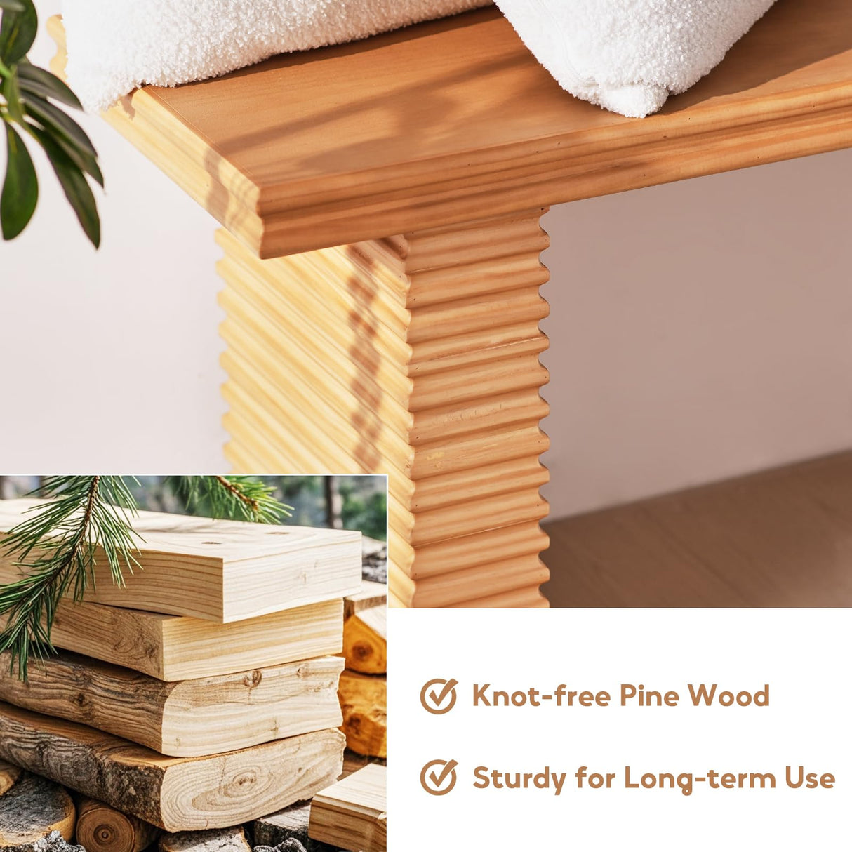 Wnutress Wood Entryway Benches, 42.5" Fluted Farmhouse Dining Bench Seat for Kitchen, End of Bed, Living Room, Hallway, Easy Assembly, Indoor, Natural Wnutrees