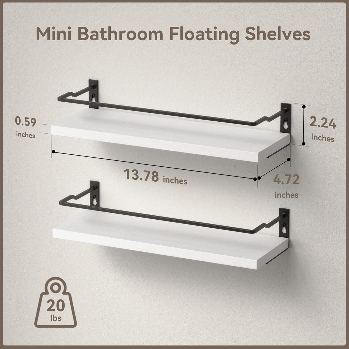 RICHER HOUSE White Bathroom Shelves, Small Floating Wall Mounted Shelf for Bathroom Decor, Guard-Rail Wood Shelving Organizer Over Toilet Kitchen Storage Shelves Set of 2 - White RICHER HOUSE