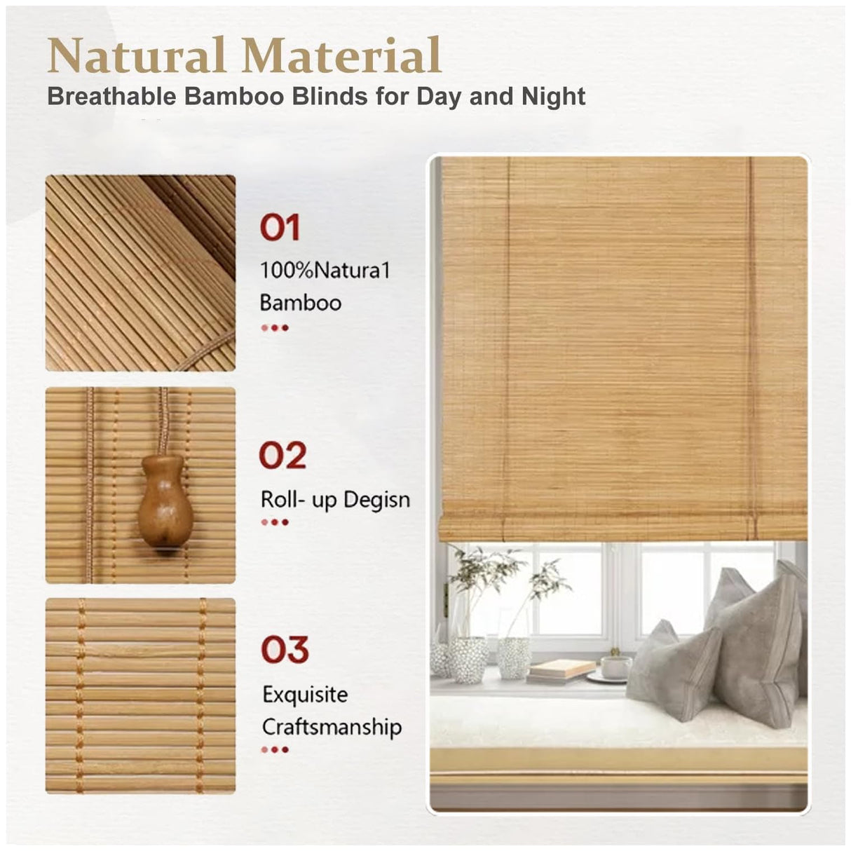 Natural Bamboo Roller Blinds for Indoor/Outdoor - Handwoven Shades for Privacy and Sun Control WDZDMYL