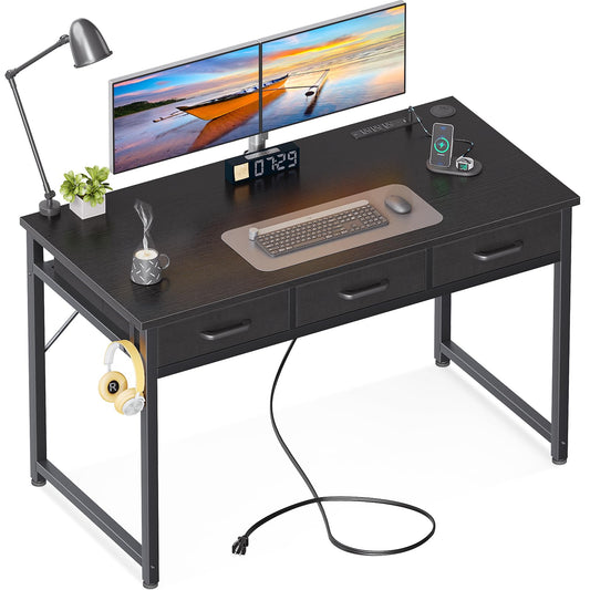 AODK 48 Inch Computer Desk with 3 Fabric Drawers, Office Desk with USB/Type-C Charging Ports & Power Outlets, Vanity Desk with Iron Hook for Bedroom, Study/Writing/Work Table for Bedroom, Black