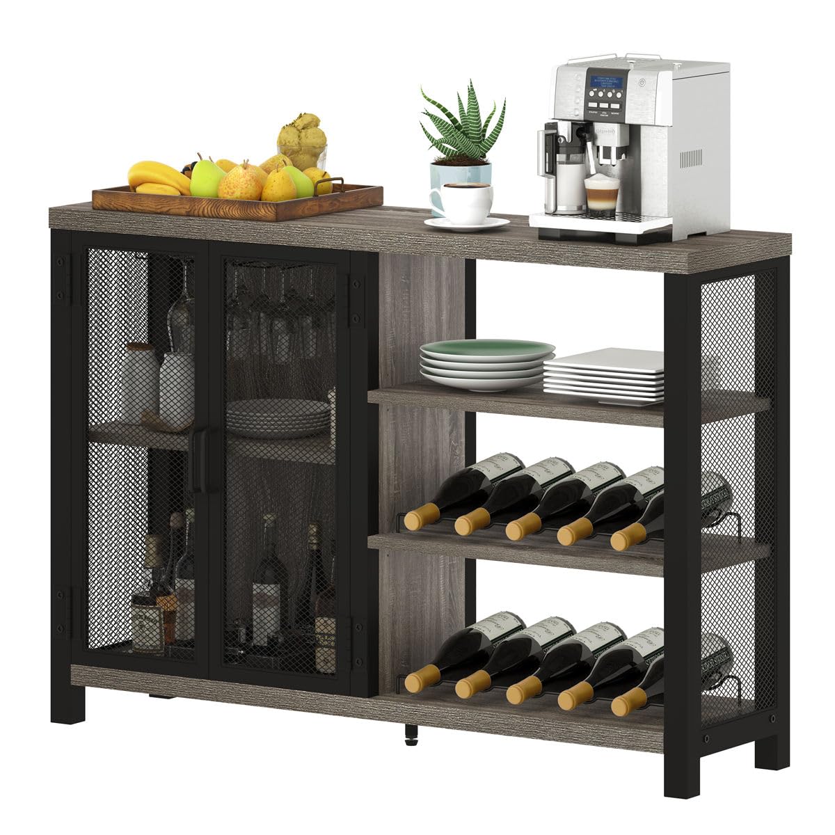 BON AUGURE Industrial Home Bar Cabinet with Wine Rack, Rustic Liquor Cabinet Bar for Home, Coffee Bar Cabinet with Storage (47 Inch, Grey Oak)