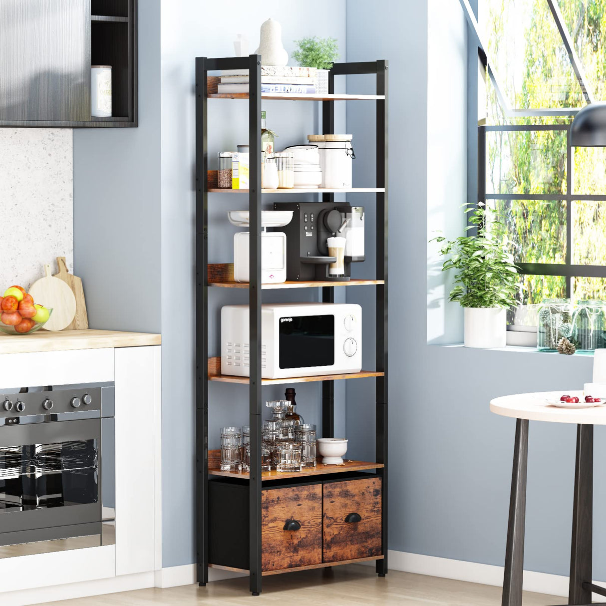 Furologee 6-Tier Bookshelf, Tall 71" Rustic Bookcase with 2 Drawers Storage Organizer, Industrial Display Free Standing Shelf Units, Wood and Metal Storage Rack for Home Office, Bedroom, Rustic Brown Furologee