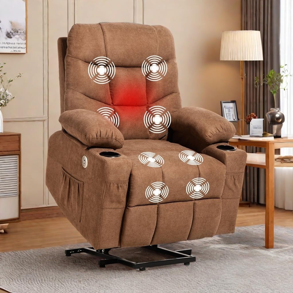 YITAHOME Power Lift Recliner Chair with Massage and Heat,Electric Fabric Recliner Chair for Elderly with USB Ports, Side Pockets, Remote Control, Cup Holders for Living Room, Brown