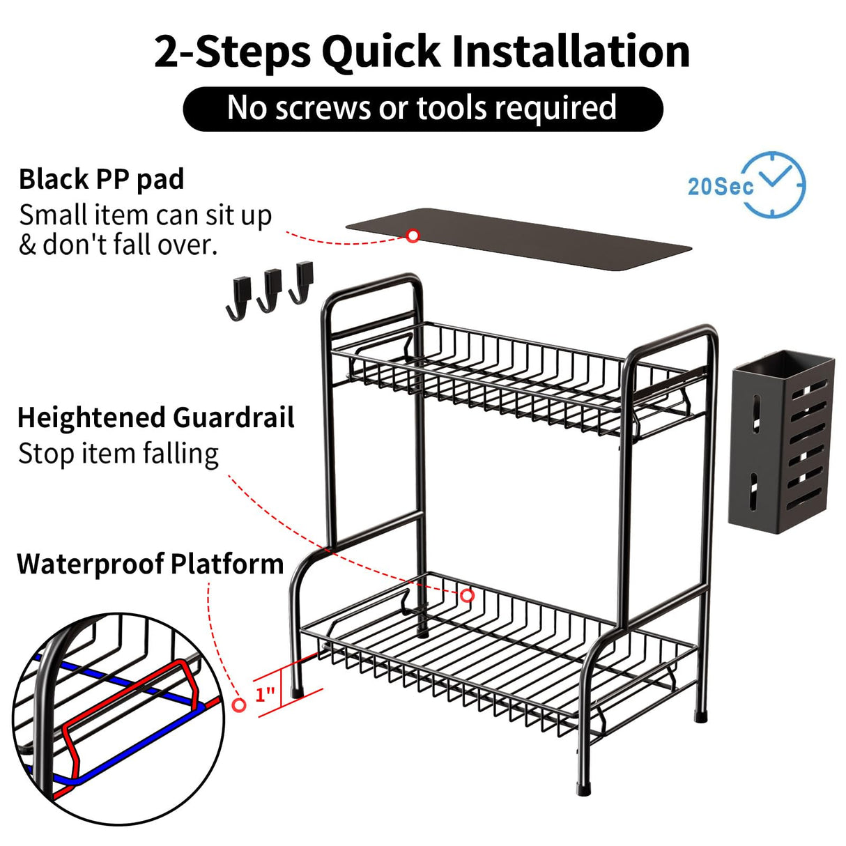 Bathroom Countertop Organizer With Toiletries Basket, 2 Tier Bathroom Counter Storage Rack with Adjustable Feetpad, No-Screw Caddy Stand for Vanity, Sturdy Metal Wire Black, Medium 12.8''L x 7.2''W USHARP