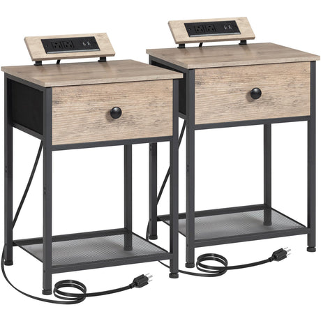 AMHANCIBLE Night Stand, End Tables Living Room Set of 2, Small Nightstand with Charging Station, Slim Bed Side Table with Fabric Storage Drawer for Bedroom, Small Space, Greige, HET03SDPGY AMHANCIBLE