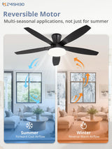 ZMISHIBO 52 inch Ceiling Fans with Lights and Remote/APP Control,Black Low Profile Ceiling Fan with Light,Quiet DC Motor,LED Dimmable, Modern Flush Mount Ceiling Fan for Bedroom Indoor/Outdoor Patio ZMISHIBO