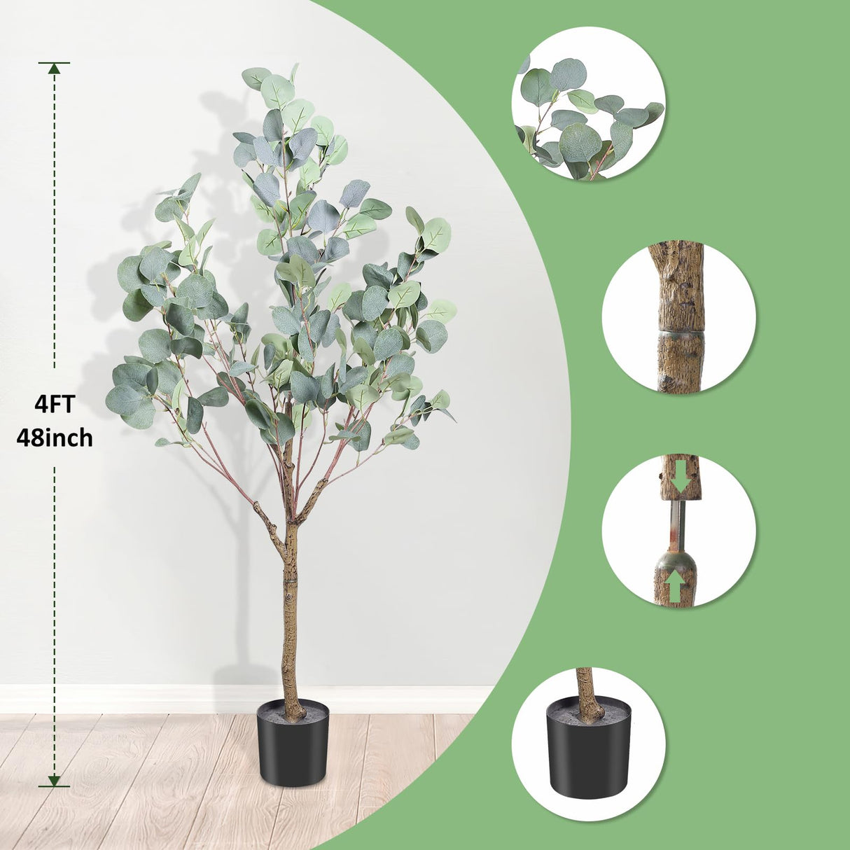 Artificial Eucalyptus Tree, 4FT Tall Faux Eucalyptus Tree, Artificial Plants with Realistic Trunk and Lifelike Leaves for Home Office Decor 4FT Fake Eucalyptus Tree for Home House Office Décor CETRD