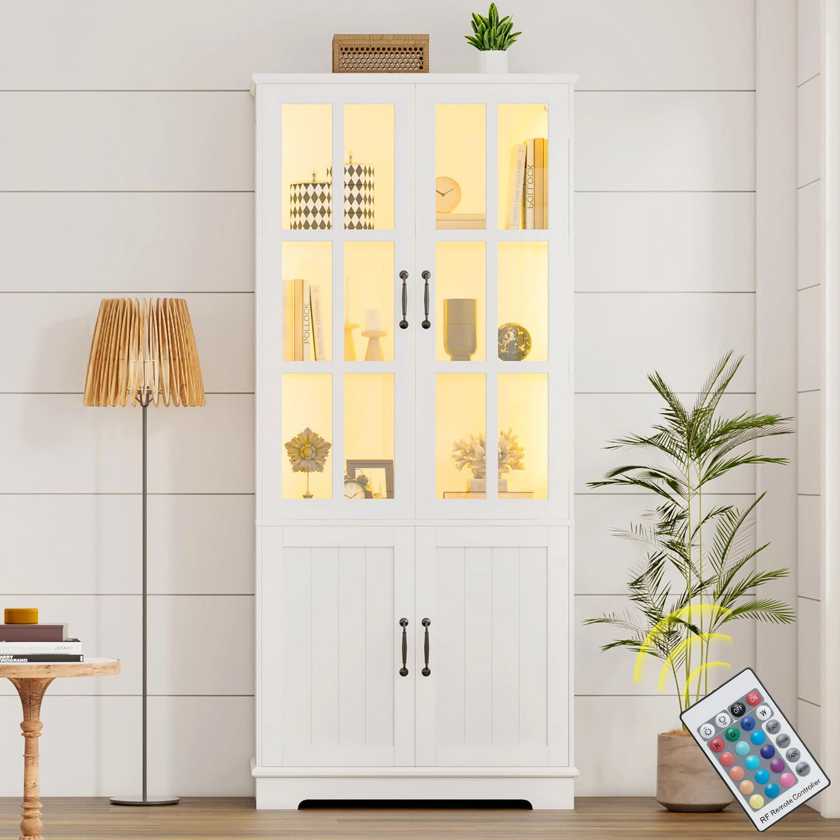 LUXOAK 71" White LED Storage Cabinet with Adjustable Shelves & 4 Doors - Perfect for Home Office, Dining Room, or Kitchen LUXOAK