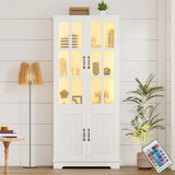 LUXOAK 71" White LED Storage Cabinet with Adjustable Shelves & 4 Doors - Perfect for Home Office, Dining Room, or Kitchen LUXOAK