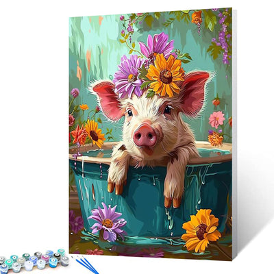 Cute Pig with Flower in a Bathtub Paint by Numbers Kits 16x20 inch Canvas Cute Farmhouse Animal Flowers DIY Oil Painting for Adults Beginner with Brushes Acrylic Pigment Drawings Gift(without Frame)
