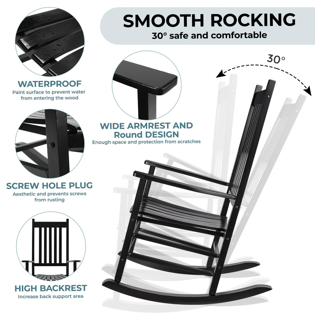 TLGREEN Outdoor Rocking Chair, Solid Wood Oversized Rocking Chair Outdoor with Wide Seat，All Weather Porch Patio Wooden Rocking Chair, Easy to Assemble for Indoor,Outdoor （Black） TLGREEN