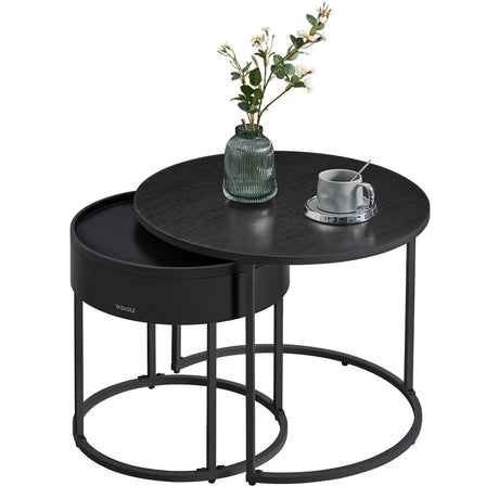 VASAGLE Round Coffee Tables, Set of 2 Nesting Tables, Modern Round Side Tables with Hidden Storage and Top Tray, for Living Room, Bedroom, Office, Ebony Black and Ink Black ULCT044B56 VASAGLE