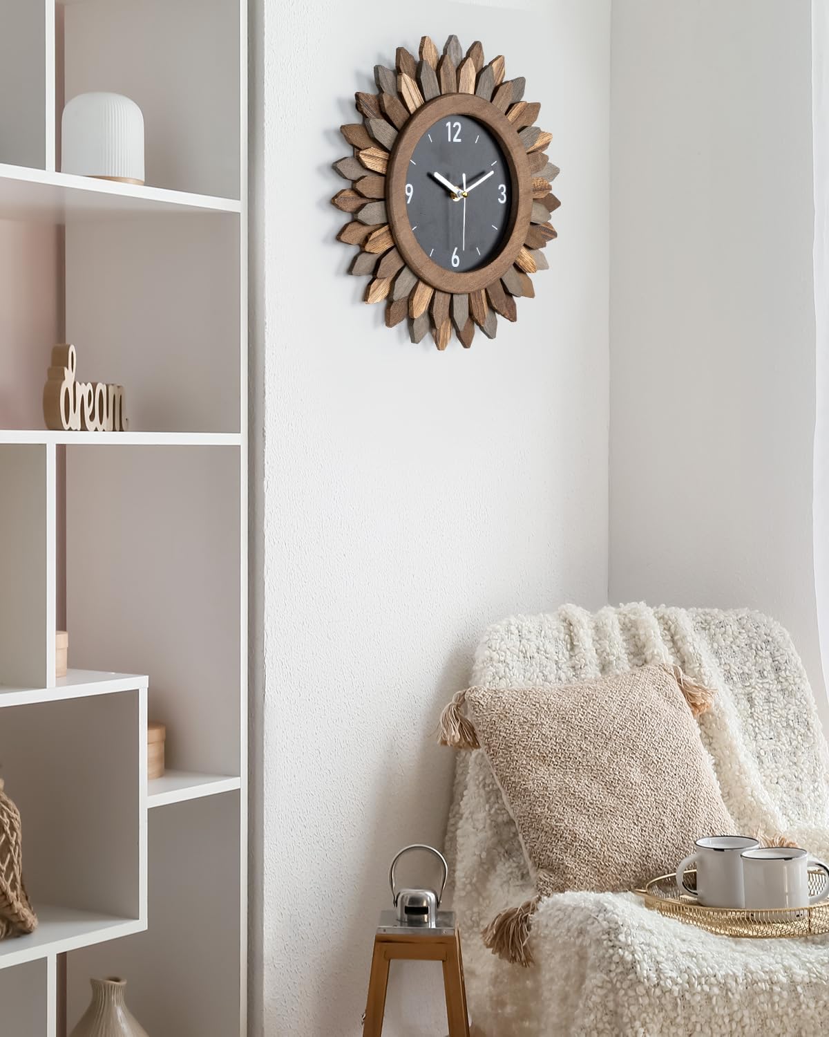 Honiway Wall Clock Battery Operated 12 in Rustic Wood Boho Sunburst Decorative Wall Clock Silent Non Ticking Farmhouse Small Wall Clocks for Living Room Kitchen Bathroom Bedroom Decor (Rustic Brown) Honiway