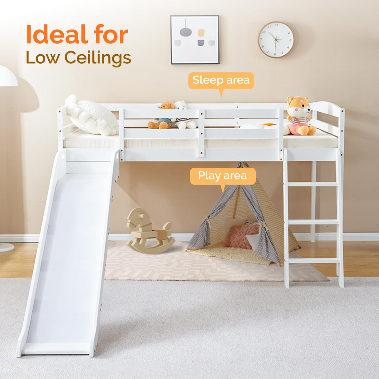 JOYMOR Bunk Bed with Curved Slide, Low Bunk Bed Twin Over Twin with Slide and Angled Ladder, Solid Pine Wood Frame,14" Safety Guardrail, Anti-Slip Steps (White, Twin) JOYMOR