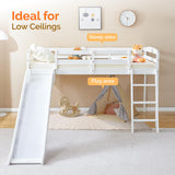 JOYMOR Bunk Bed with Curved Slide, Low Bunk Bed Twin Over Twin with Slide and Angled Ladder, Solid Pine Wood Frame,14" Safety Guardrail, Anti-Slip Steps (White, Twin) JOYMOR