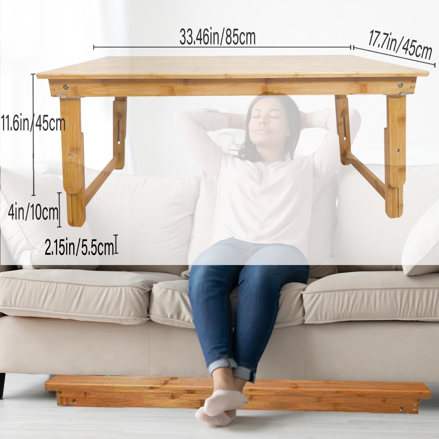 Floor Table Tray with Folding Legs Adjustable Low Coffee Table for Sitting on Floor Bamboo,Fully Assembled,33.5x17.7in - WoodArtSupply