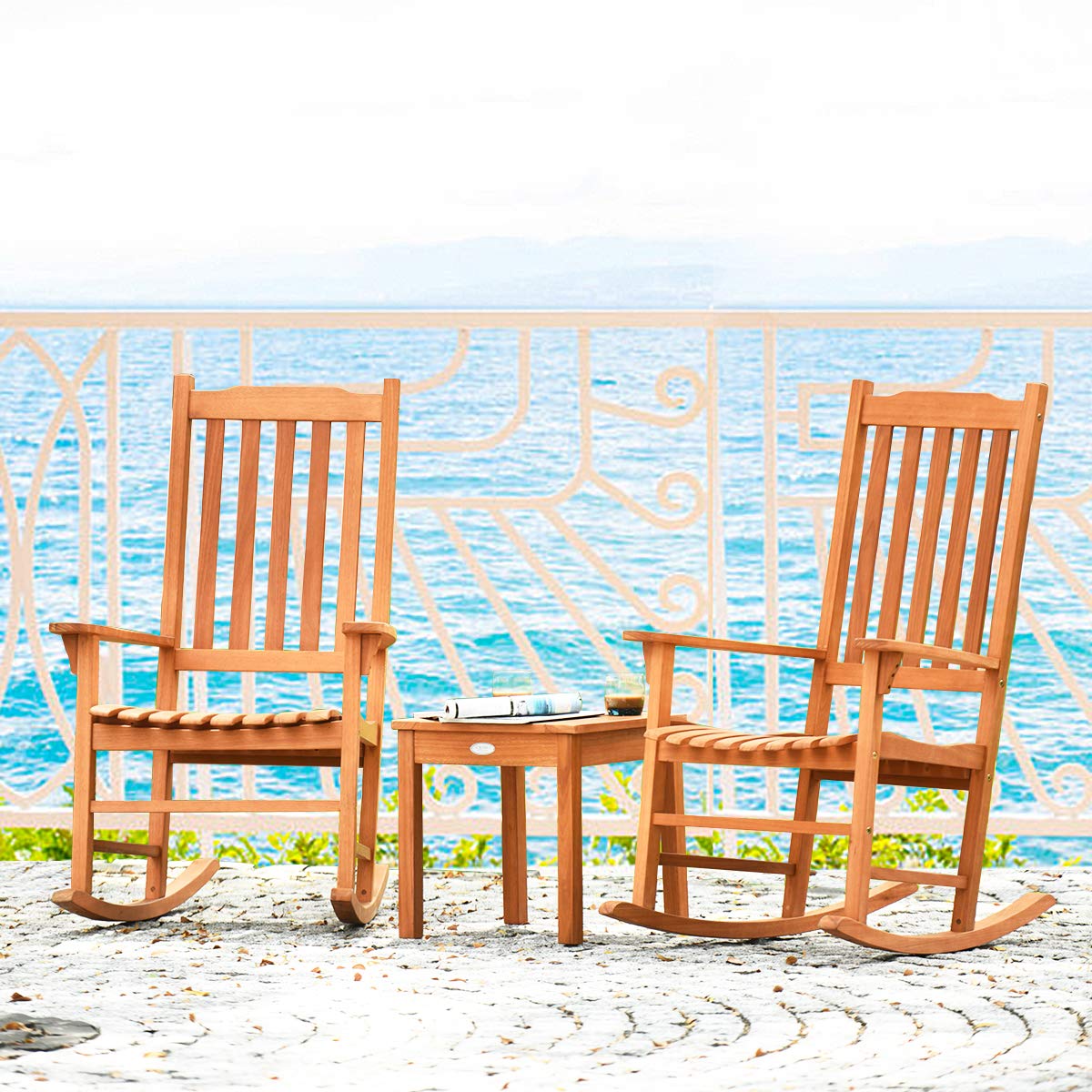 Giantex 3 Piece Patio Rocking Chair Set, Outdoor Wood Conversation Set w/ 2 Rockers & 1 Coffee Table, Eucalyptus Wooden Rocking Bistro Set for Backyard Porch Poolside Lawn Giantex