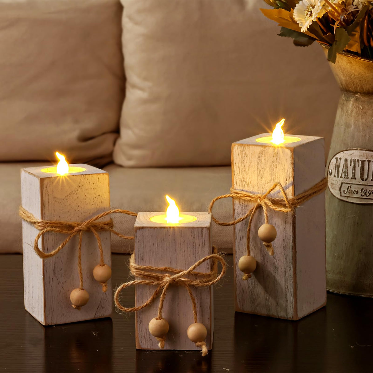 MelonBoat Rustic Flameless LED Candles 3-Pack, Battery Operated Candles with Wooden Candle Holders, White Rustic Farmhouse Decor, Farmhouse Candle Holder for Valentines Holiday Party Home Decor MelonBoat