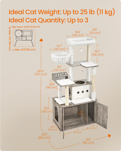 Feandrea Cat Tree, 66.9-Inch Cat Tower with Litter Box Enclosure, Large Cat Condo with Food Station, Storage, Scratching Posts, Cat Cave, Hammock, Washable Cushions, Heather Greige UPCT169K02