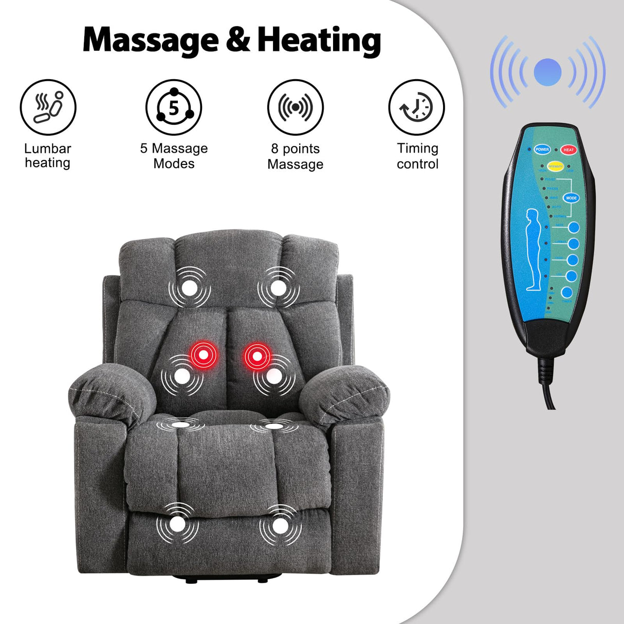 Phoenix Home Large Power Lift Recliner Chair with Massage and Heat for Elderly, Overstuffed Wide Recliners with 2 Cup Holders, Side Pocket and USB Port, Dark Gray Phoenix Home