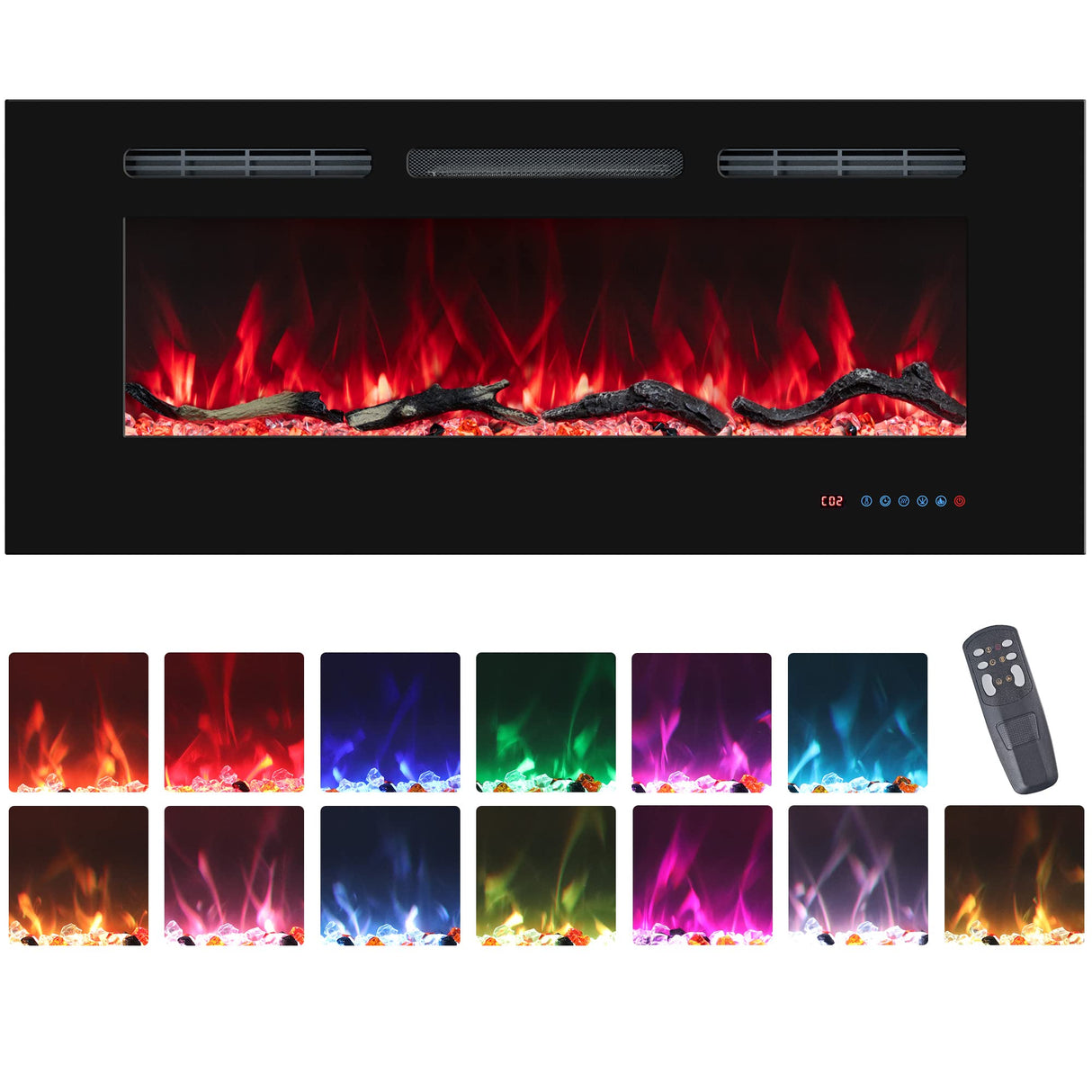 VINEMOUNT 48'' Electric Fireplaces Inserts, Recessed & Wall-Mounted Fireplace Heater with Thermostat, Multicolor Flames,Timer, Log & Crystal, 750/1500W, Black VINEMOUNT