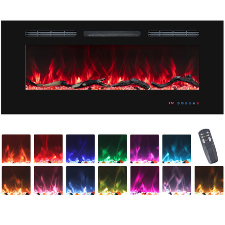 VINEMOUNT 48'' Electric Fireplaces Inserts, Recessed & Wall-Mounted Fireplace Heater with Thermostat, Multicolor Flames,Timer, Log & Crystal, 750/1500W, Black VINEMOUNT