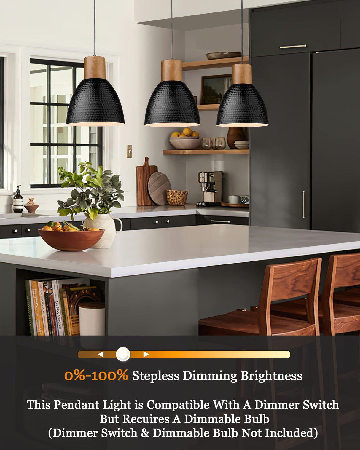 ELYONA Industrial Pendant Light, Solid Wood Hanging Lamp with 7” Hammered Metal Shade, Farmhouse Pendant Light Fixtures for Kitchen Island, Dining Room, Bedroom, Bar, Office, Modern Black, Small ELYONA