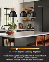 ELYONA Industrial Pendant Light, Solid Wood Hanging Lamp with 7” Hammered Metal Shade, Farmhouse Pendant Light Fixtures for Kitchen Island, Dining Room, Bedroom, Bar, Office, Modern Black, Small ELYONA