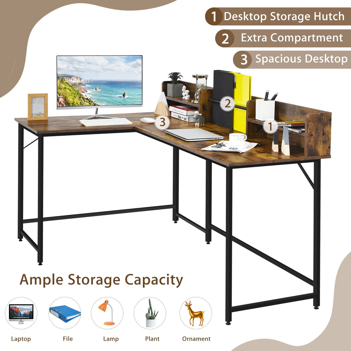 Tangkula 66.5 Inches L-Shaped Desk, Space Saving Corner Computer Desk with Hutch, Study Writing Desk with Storage Shelves Heavy Duty Steel Frame, Gaming Desk Computer Workstation for Home & Office Tangkula