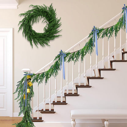 ENVEN Real Touch Norfolk Pine Christmas Garland and Wreath Set, 24IN Green Wreath and 9FT Christmas Garland Artificial Faux Greenery Norfolk Pine for Holiday Indoor Mantle Decor