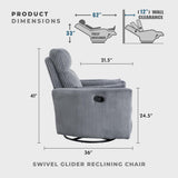 Lexicon Modern Swivel Glider Recliner Chair, Nursery Glider, Corduroy Fabric Upholstery Recliner with 2 Lumbar Pillows, Manual Reclining Sofa Chair for Living Room/Office/Apartment, Grey Lexicon