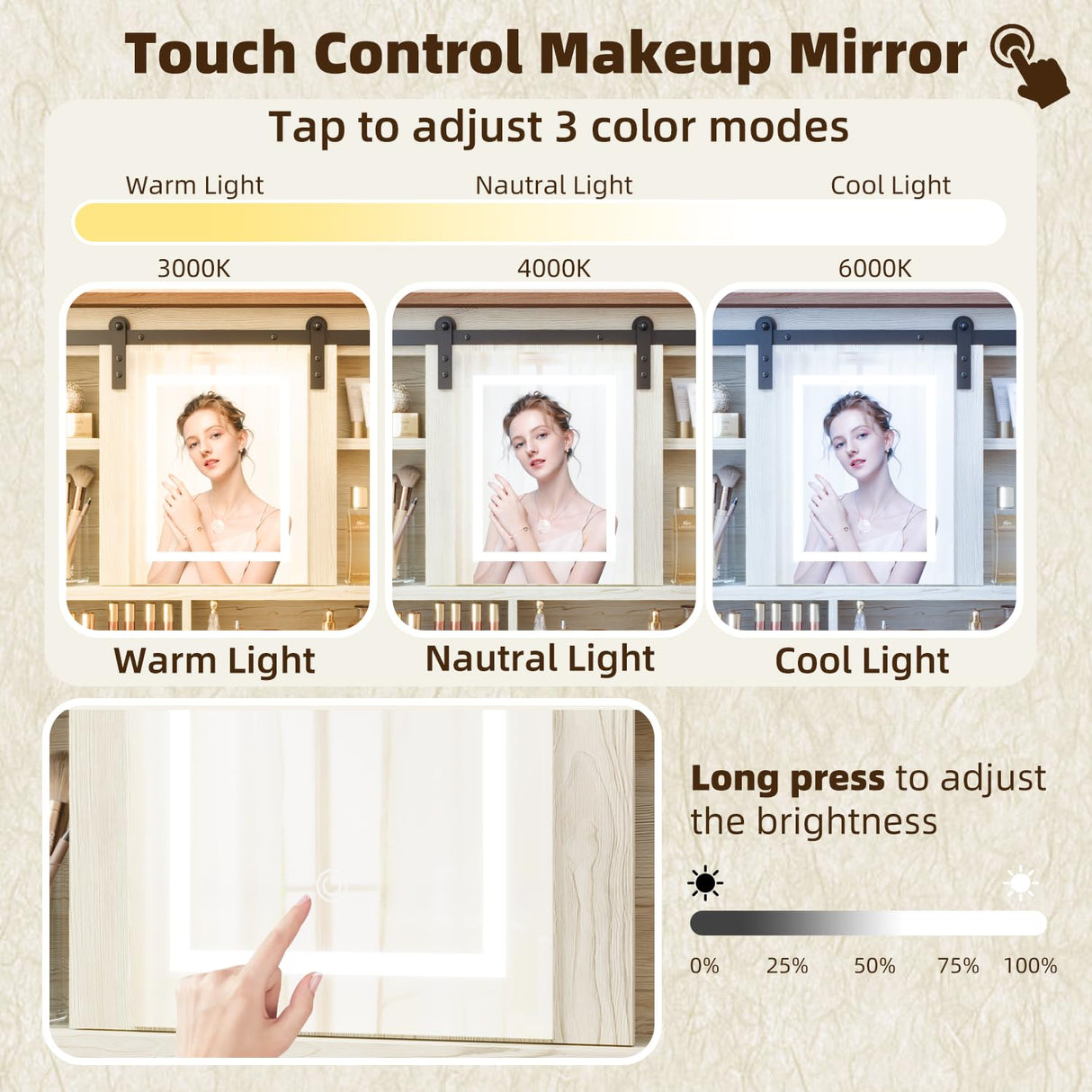 EROMMY 42" Farmhouse Makeup Vanity Desk with Lighted Mirror & Power Strips, Vanity Table with Sliding Barn Door, Open & Hidden Shelves, Drawers, Jewelry Cabinet, White Dressing Table, Light Adjustable EROMMY