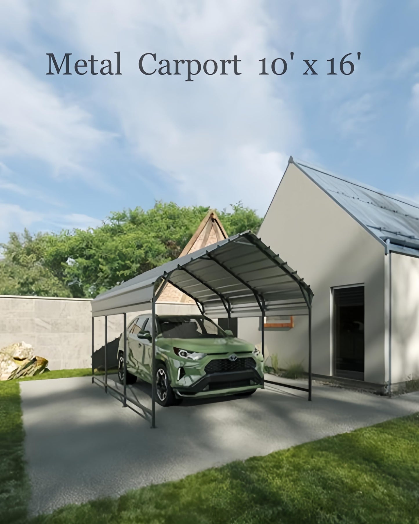 KYBOLT 10'x 16' Metal Carport, Outdoor Heavy Duty Garage with Galvanized Steel Roof and Reinforced All-Metal Frame, Permanent Shelter for Cars, Boats, Trucks, and Tractors - WoodArtSupply