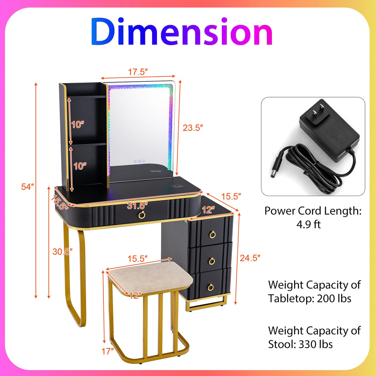 CHARMAID RBG LED Makeup Vanity Table, Colorful Lighted Mirror, 7 Dynamic & 7 Static Modes, 3-drawer Chest, 3 Shelves, Large Drawer, Girls Vanity Desk Dressing Table with Stool CHARMAID