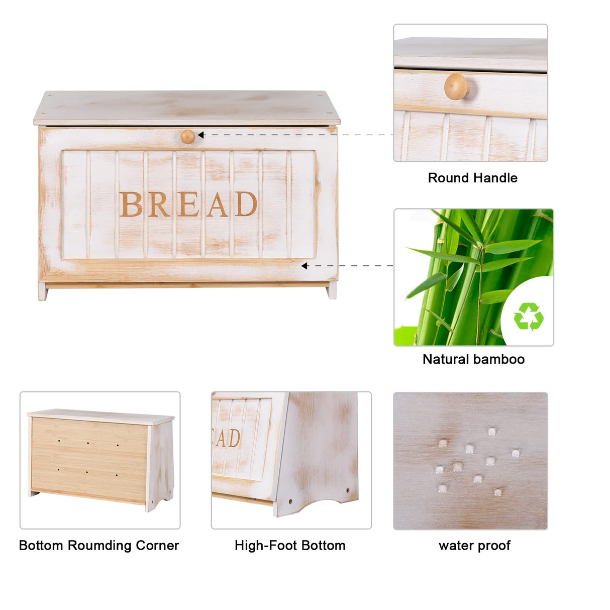 HOMEKOKO Vintage Large Wood Bread Box for Kitchen Counter, Retro Design Single Layer Bamboo Large Capacity Food Storage Bin (White) HOMEKOKO
