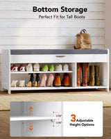 Pipishell 2-Tier Shoe Storage Bench with Cushioned Seat, Entryway Bench with Adjustable Shelf & Barn Doors, 300 lbs Capacity, 43.4" W x 16" D x 18" H, for Entryway, Bedroom, Living Room, White Pipishell