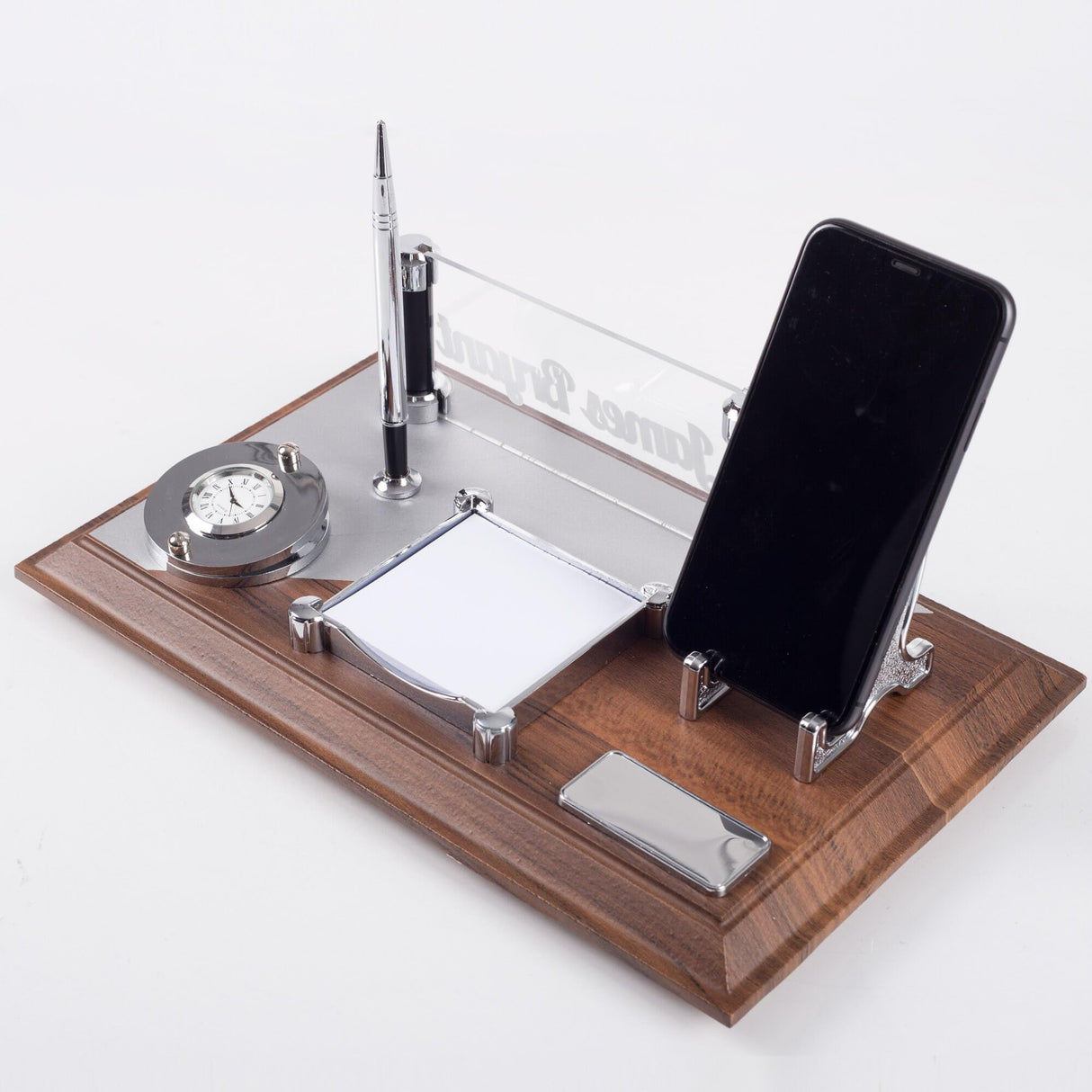 ofistike Wood Desk Name Plate Office Organizer, Solid Wooden Membrane Coating Desktop Sign with Phone Holder, Pen, Notepad and Clock ofistike