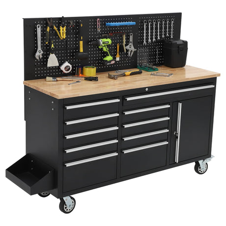 61-inch Rolling Tool Chest, 10 Drawers Garage Workbench Storage Tool Cabinet with Power Strip, Solid Rubber Wood Top, 1675 LBS Load Mobile Workstation, Heavy Duty Rolling Cabinet GAOMON