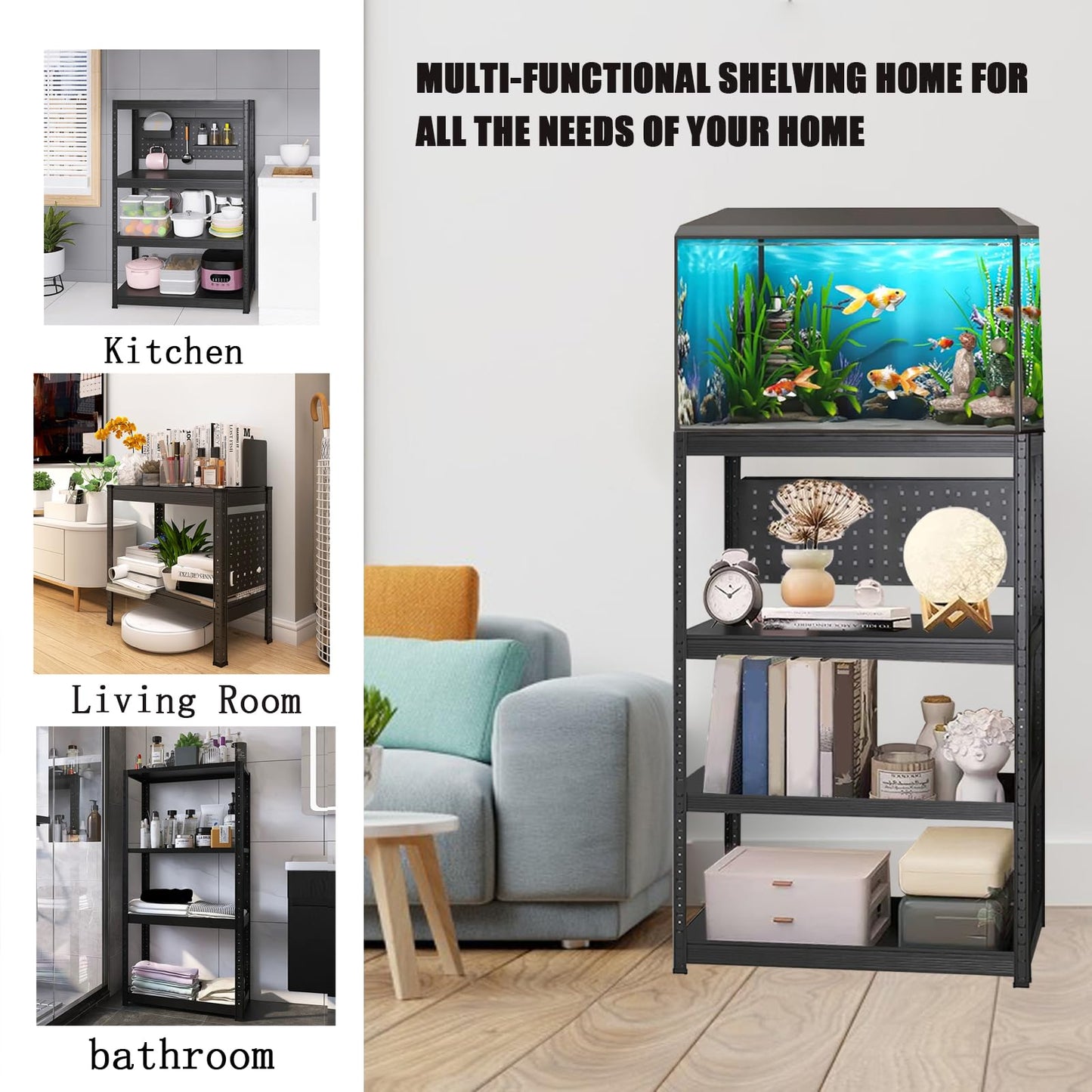 20 Gallon Fish Tank Stand, Metal Aquarium Rack for Fish Tank, Reptile Tank Stand with Cabinet, Length and Height Adjustable, Bookshelf & Storage Shelves with Pegboards for Home Office (2 tier/22.4in)