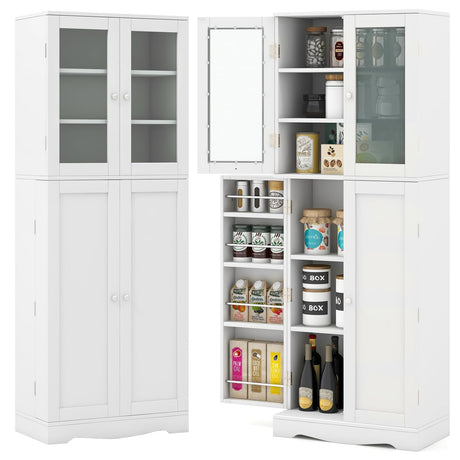 Giantex Pantry Organizers and Storage, 63.5” Tall Kitchen Cabinet, Food Buffet Cupboard with Glass Doors, Shelves with Baffle, Wooden Freestanding Sideboard for Dining Room Living Room (White) Giantex