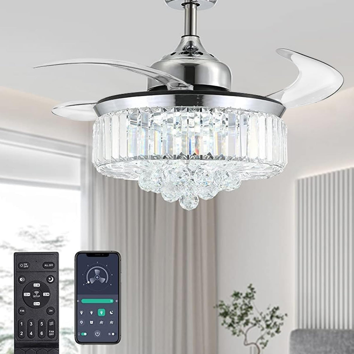Moooni Dimmable Fandelier Crystal Ceiling Fans with Lights and Remote Modern Invisible Retractable Chandelier Fan LED Ceiling Fan Light Kit -Polished Chrome 36 Inches Moooni
