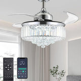 Moooni Dimmable Fandelier Crystal Ceiling Fans with Lights and Remote Modern Invisible Retractable Chandelier Fan LED Ceiling Fan Light Kit -Polished Chrome 36 Inches Moooni