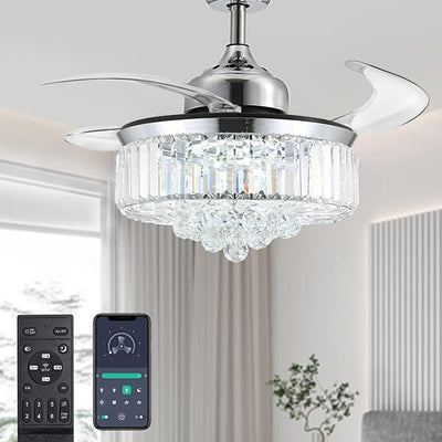 Moooni Dimmable Fandelier Crystal Ceiling Fans with Lights and Remote Modern Invisible Retractable Chandelier Fan LED Ceiling Fan Light Kit -Polished Chrome 36 Inches