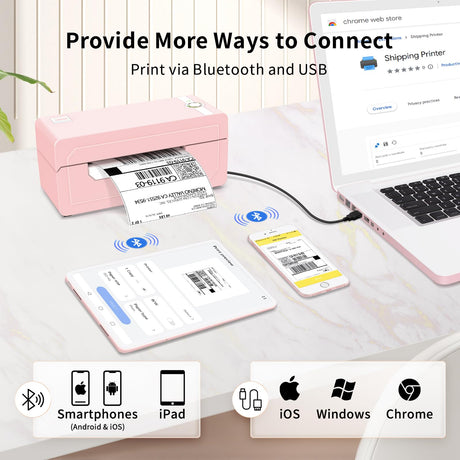 JADENS Bluetooth Thermal Label Printer 4x6, Pink Wireless Shipping Label Printer for Small Business & Packages, Compatible with iOS, Android, Mac, Windows, Amazon, Etsy, Ebay, Shopify JADENS