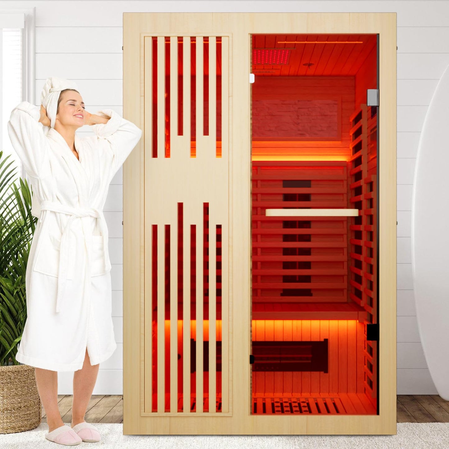 MEISSALIVVE Full Spectrum Sauna for Home,1~2 Person Indoor Infrared Sauna Room with 10 Minutes Warm-up Heate,Canadian Hemlock Wood Home Infrared Sauna with Bluetooth. and Tempered Glass