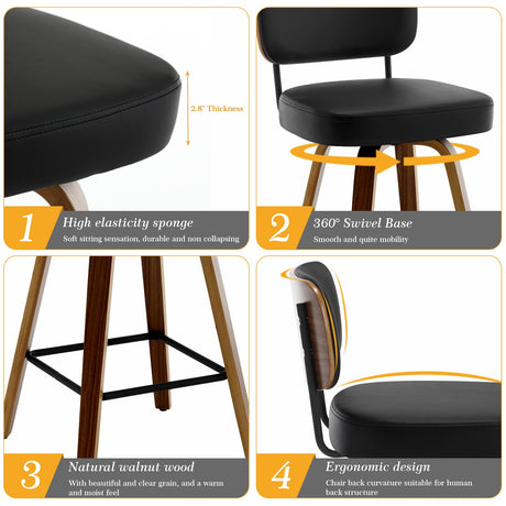 Bekrvio 26" Swivel Faux Leather Bar Stools Set of 4 with Ergonomic Backrest and Walnut Bent Wood Legs Bekrvio