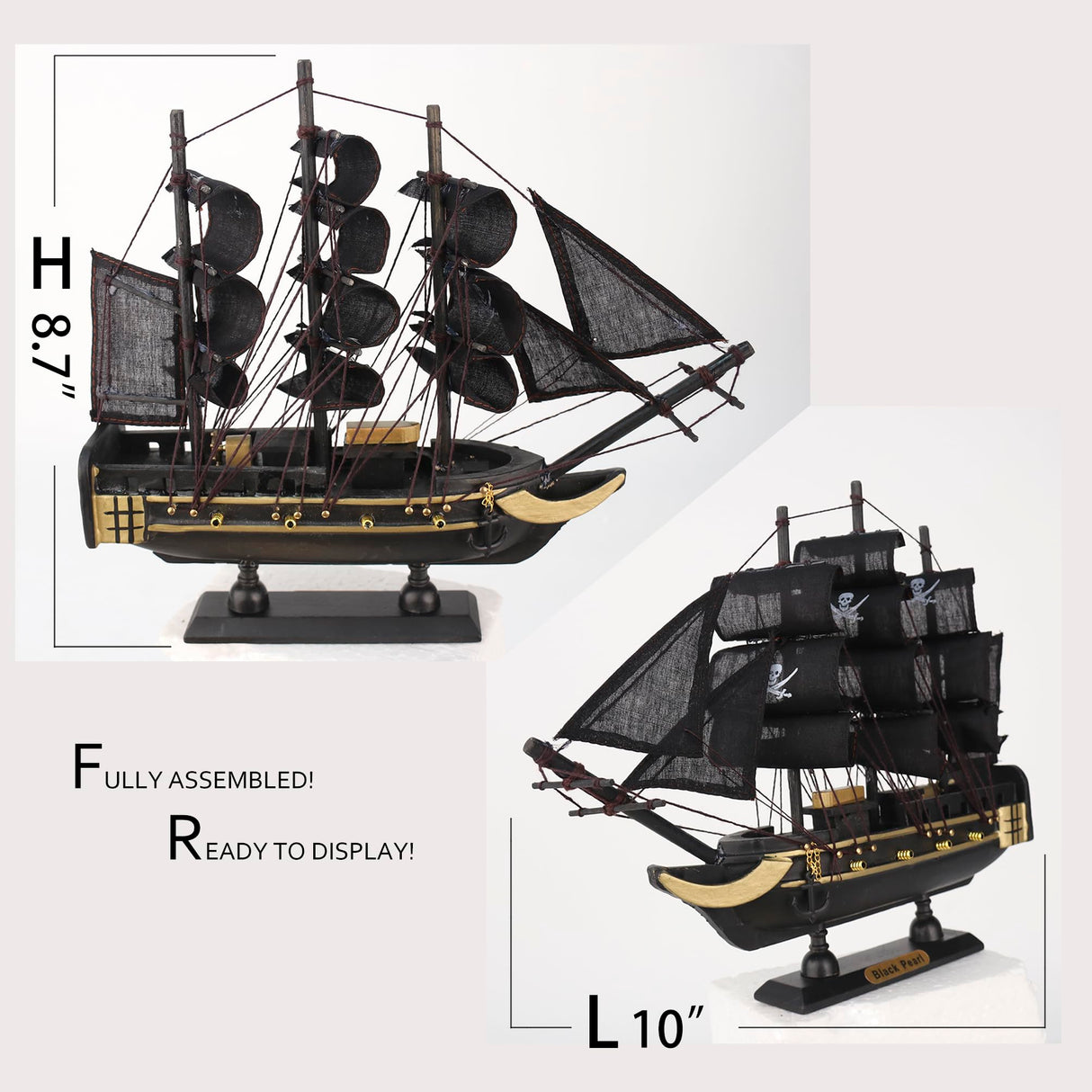 NAUTIMALL The Black Pearl Wooden Pirate Ship Model 10" Prebuilt Caribbean Nautical Fully Assembled Sailboat Decor (10" Wooden Black Pearl) NAUTIMALL