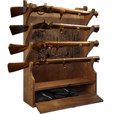 Yuntau Four Gun Wooden Gun Display Rack with Cabinet Storage Compartment for Gun Accessories Gun Rack for Wall Gun Wall Mount Wall Gun Racks for Rifle Home Gun Racks with Soft Pad Deer Pattern Yuntau