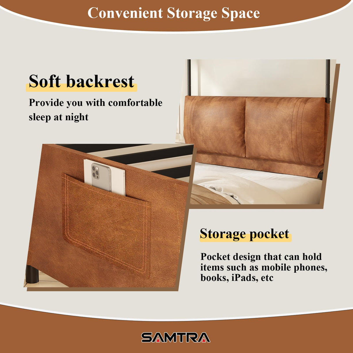 Modern Canopy Bed Frame with Upholstered Faux Leather Headboard – Tall Four Poster Metal Platform Bed, No Box Spring Needed, Queen Size, Brown and Black SAMTRA